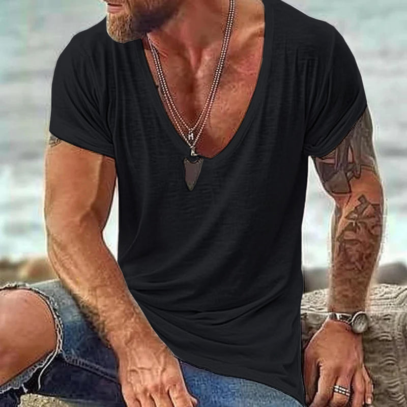 Men's Casual Cotton V Neck Short-Sleeved T-Shirt 00121855M