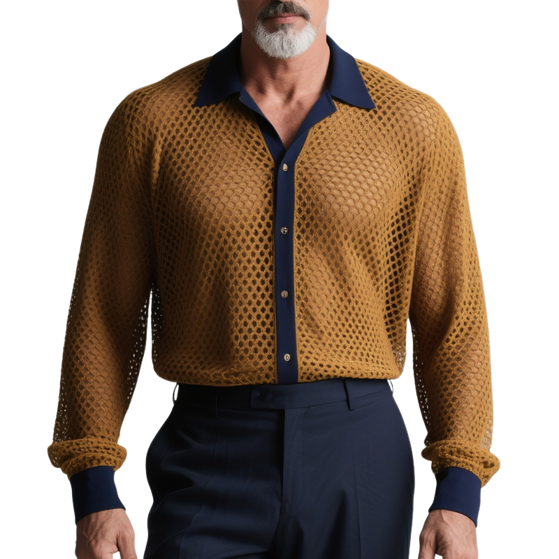 Men's Colorblock Hollow Out Knit Lapel Long Sleeve Shirt MTA2829G7Z
