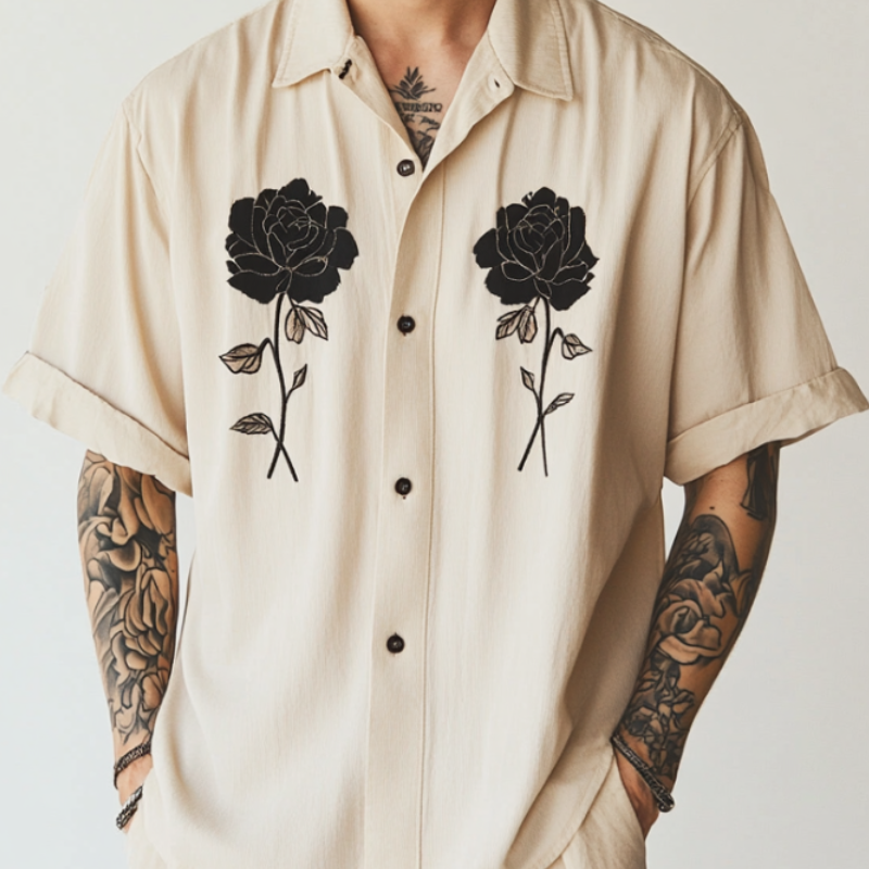 Men's Casual Cotton Linen Rose Embroidery Lapel Loose Short Sleeve Shirt 85598724M