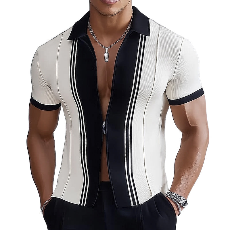 Men's Business Black And White Color Block Lapel Zipper Slim Fit Knitted Shirt MTA0772E6U