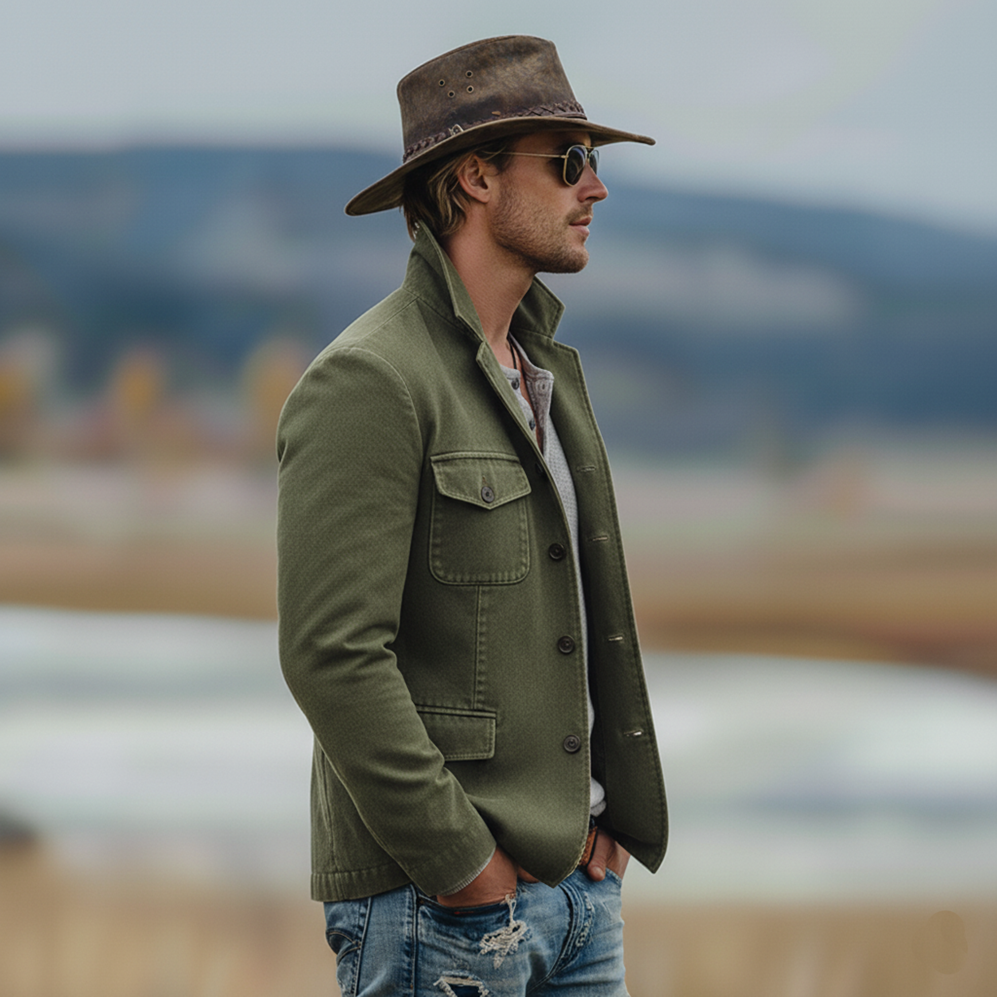 Men's Classic Casual Stand-collar Multi-pocket Washed Cotton Blend Jacket MTA1663L5K