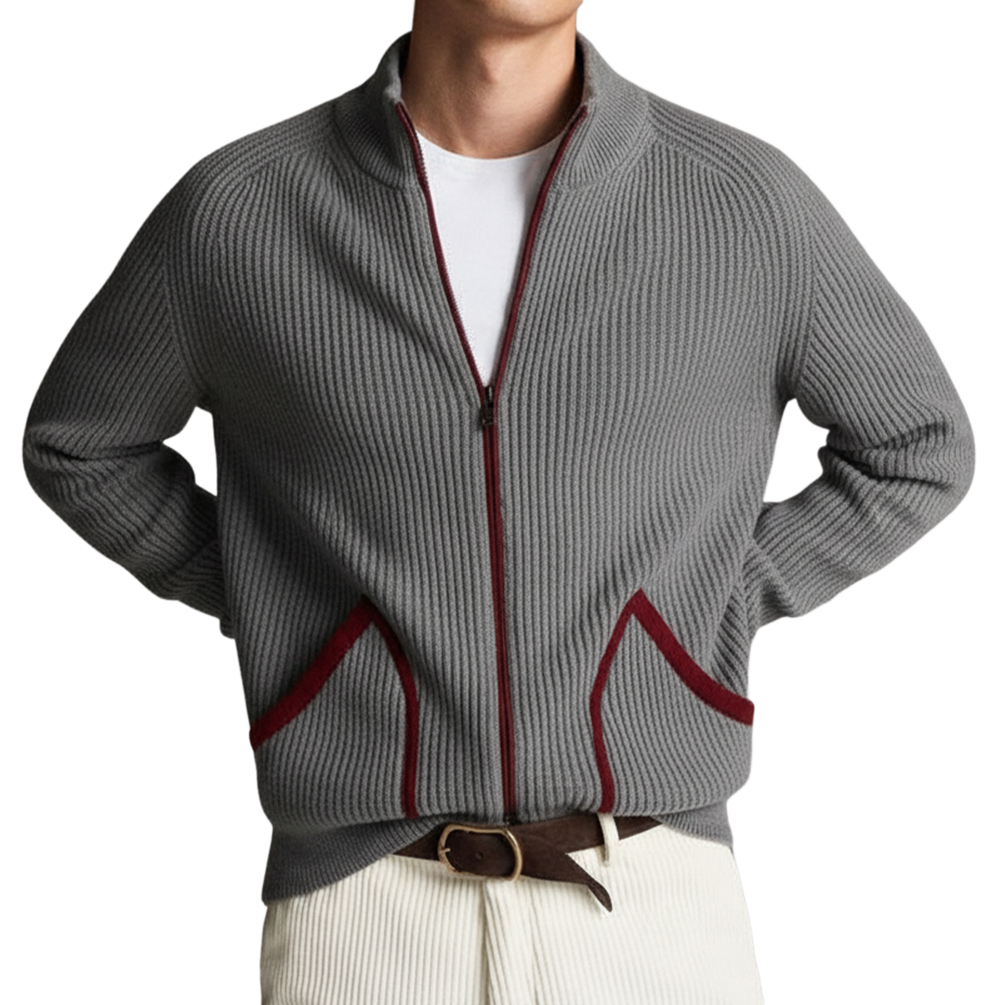 Men's Classic Casual Stand Collar Pocket Zipper Knit Cardigan MTA2153J4K