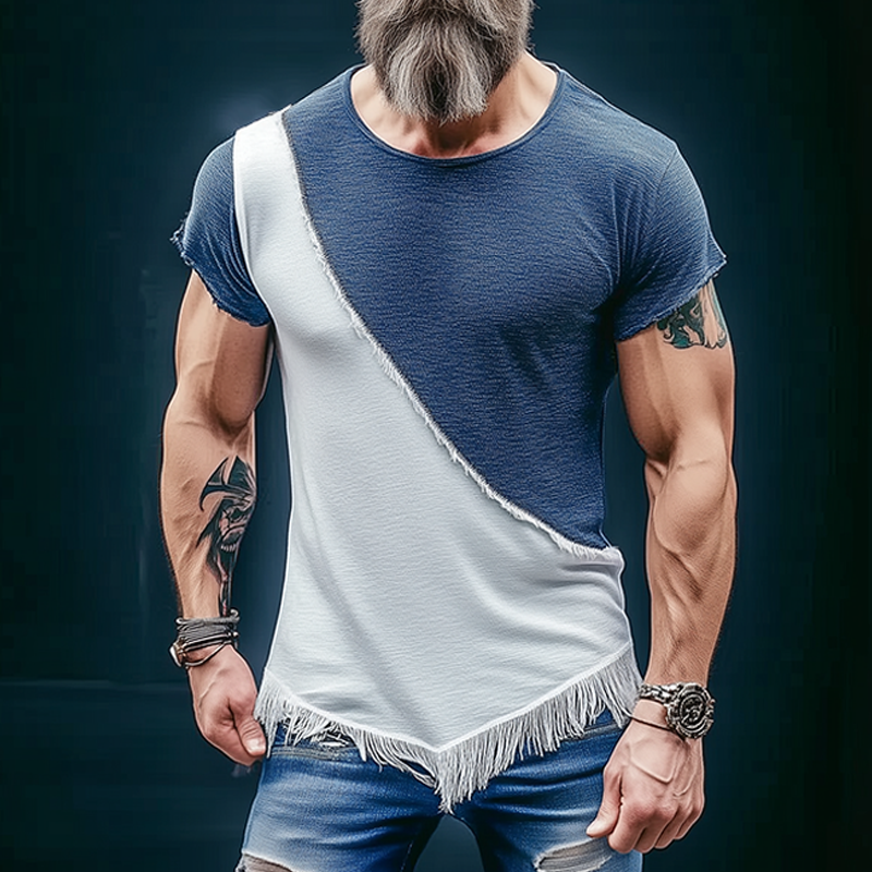 Men's Retro Casual Stitching Tassel Round Neck Short Sleeve T-Shirt MTA3083F5TO