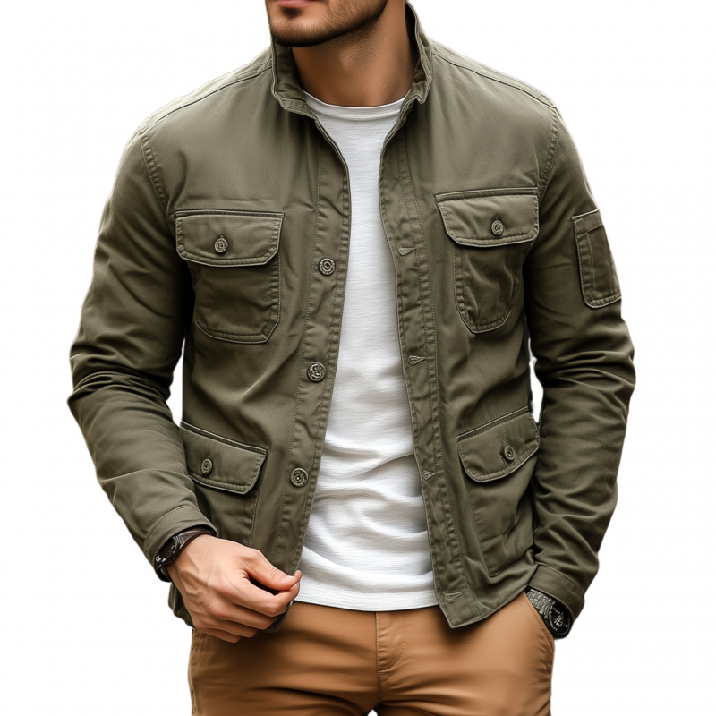 Men's Casual Outdoor Solid Color Breathable Cotton Washed Stand Collar Multi-pocket Workwear Jacket MTA2505G9M