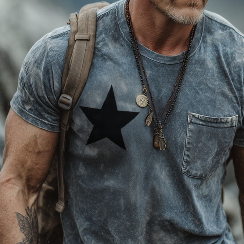 Men's Retro Casual Star Printed Round Neck Short Sleeve T-Shirt MTA1011G5TO
