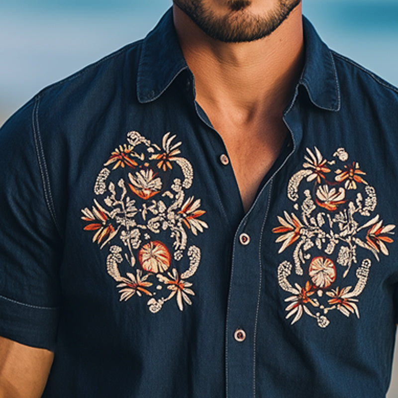 Men's Summer Retro Embroidered Lapel Short Sleeve Shirt MTA2243E8U