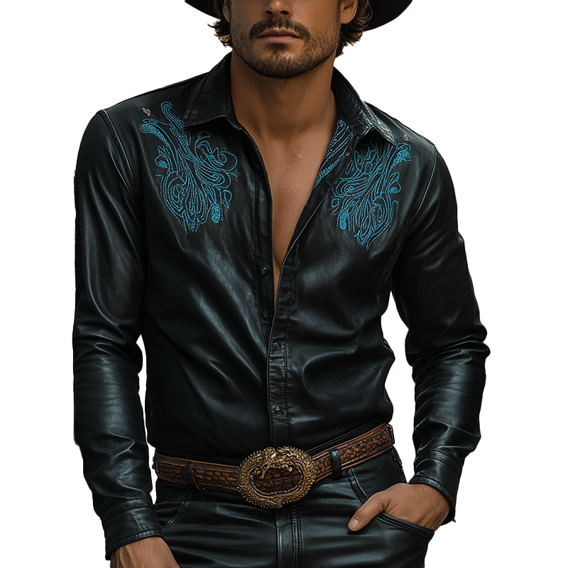 Herreskjorte med brodert, langermet kunstskinn i western-stil MTA2506G1P