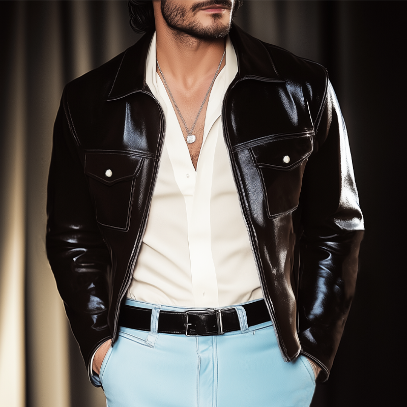 Men's Vintage Waxed Leather Lapel Zipper Jacket MTA1153H4U