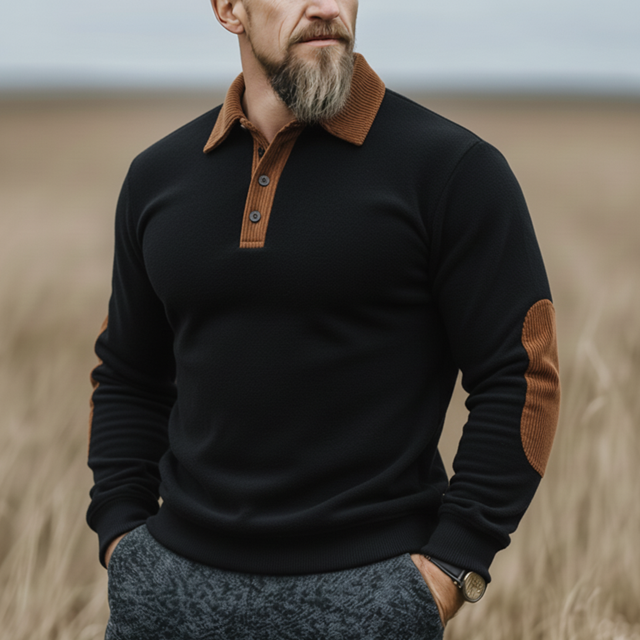 Men's Classic Western Tough Guy Style Dralon Fabric Warm Skin-friendly Slim Long-sleeved Polo Shirt MTA2221J5K