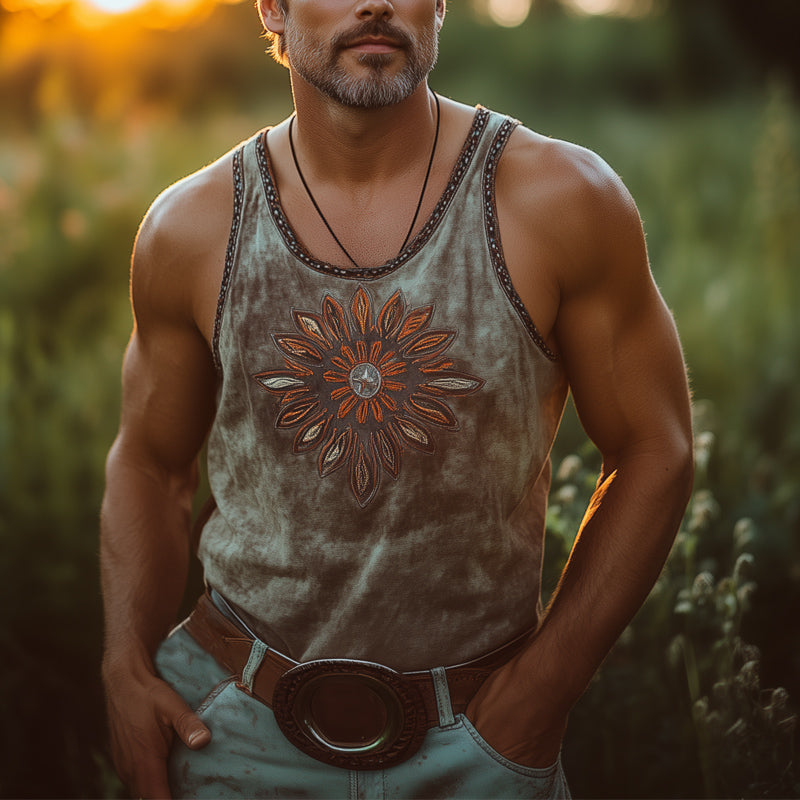 Men's Western Cowboy Style Vintage Embroidered Tank Top MTA2801D5U