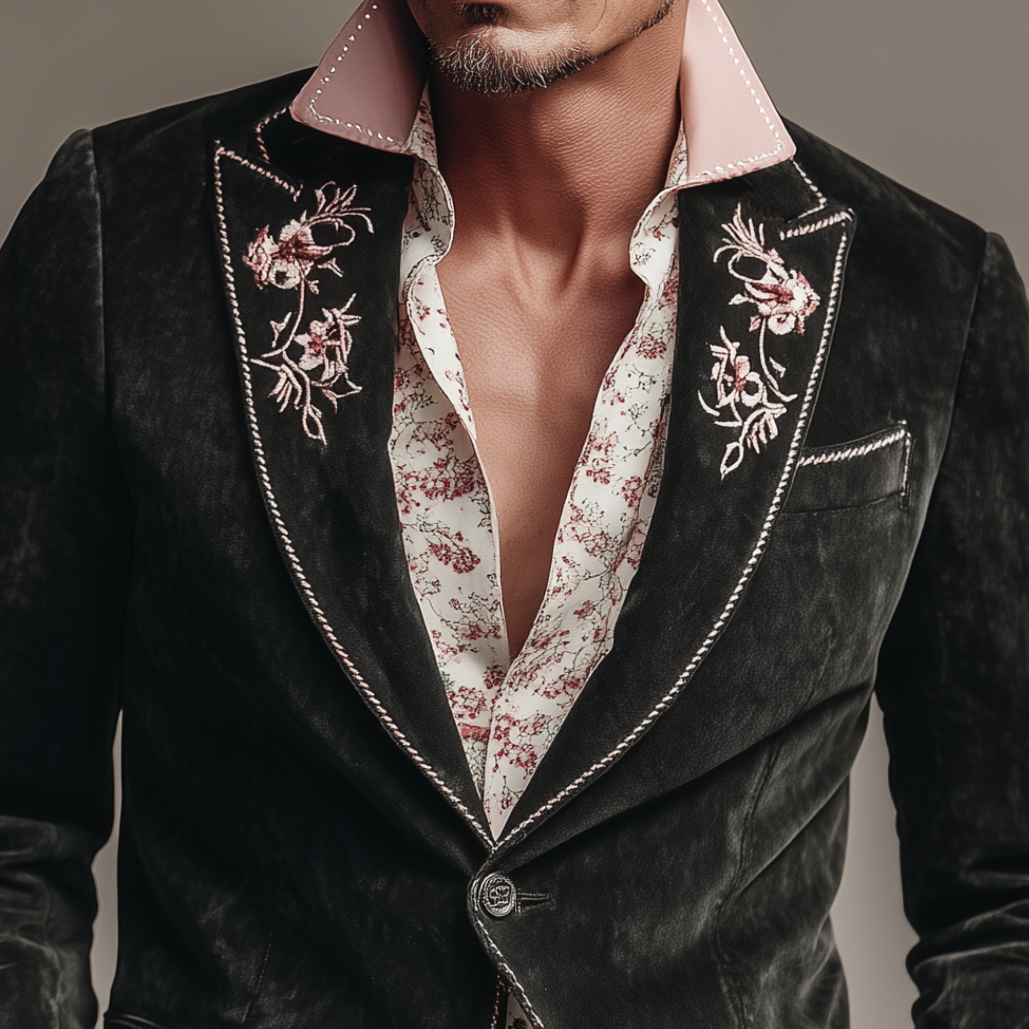 Men's Classic Vintage Suede Embroidered Single-breasted Sleeve Slim-fit Blazer MTA1267H0K