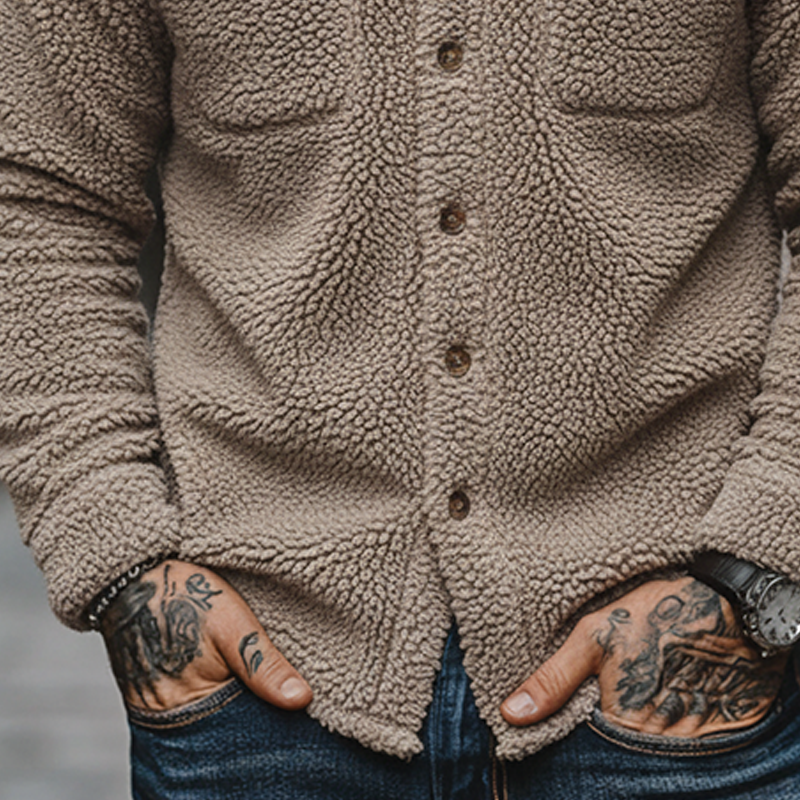 Men's Solid Color Fleece Collar Button-down Shirt Jacket MTA0165K6X
