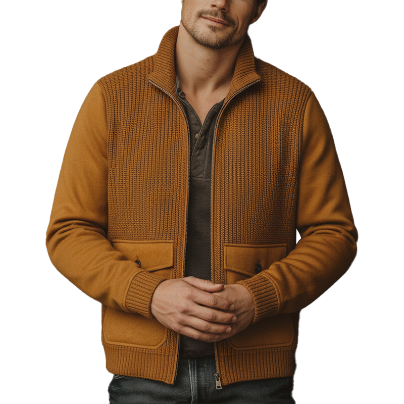 Men's Winter Cotton Yarn Knitted Patchwork Cotton Blend Zipper Cardigan MTA1377J8P