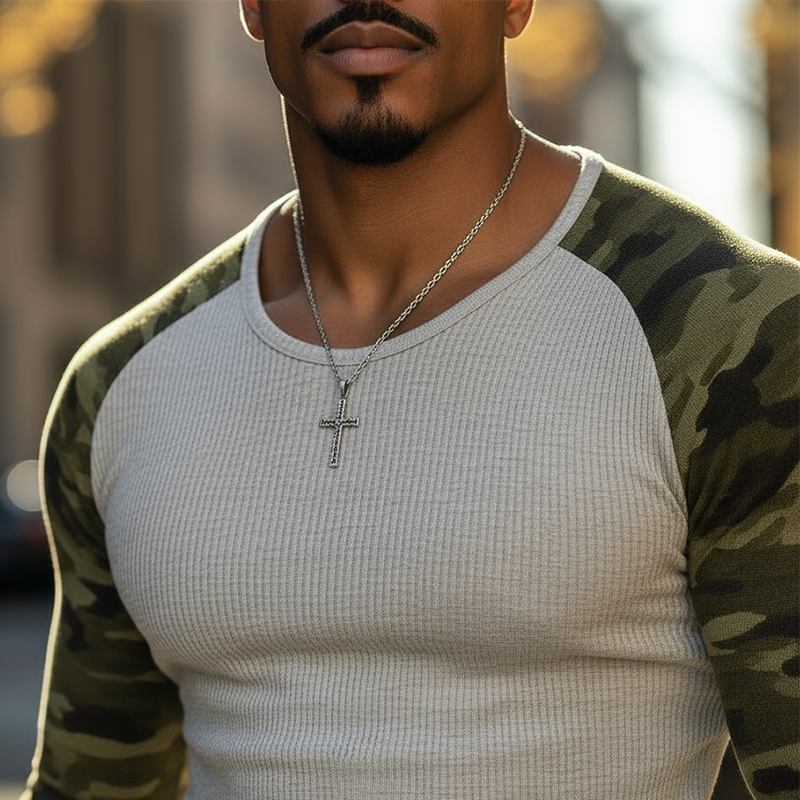 Men's Vintage Camouflage Sleeve Knitted Ribbed Slim-fit T-shirt MTA2940L1P