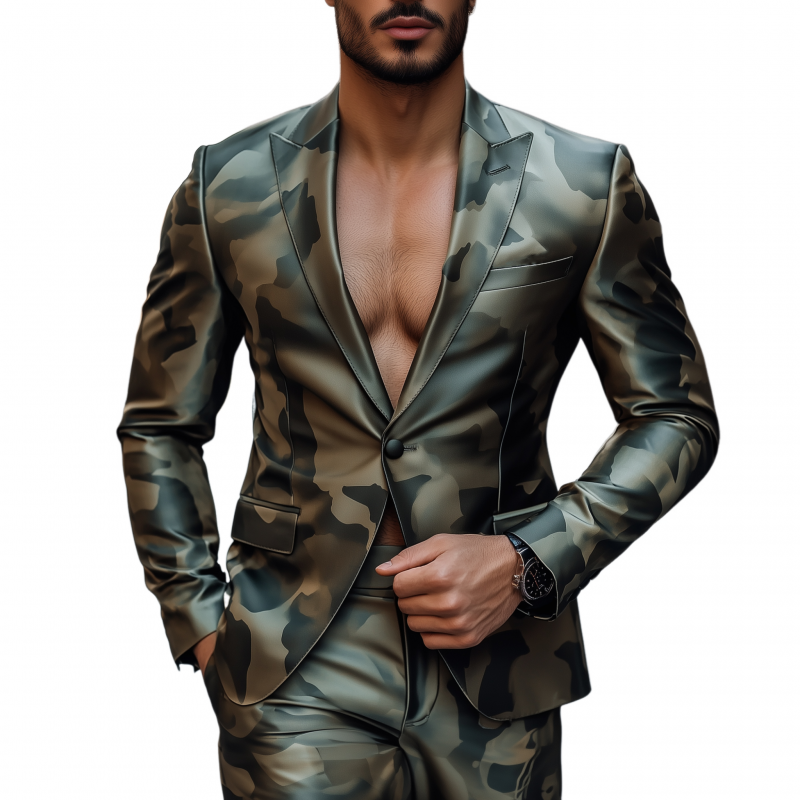 Men's Vintage Camouflage Print Satin Peak Lapel Single Breasted Slim Fit Blazer MTA2887G4M