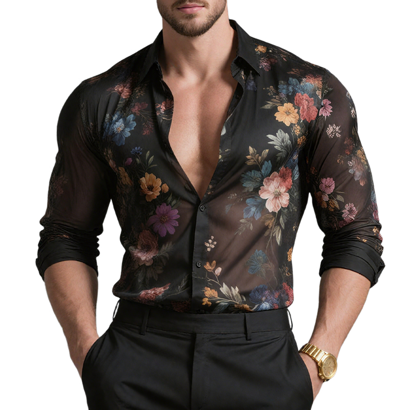 Men's Floral Print Chiffon Lapel Long Sleeve Shirt MTA2124G7Z
