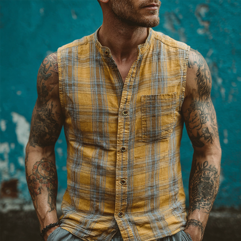 Men's Check Print Stand Collar Sleeveless Shirt MTA0383G3X
