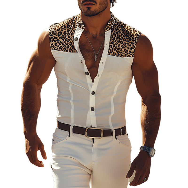 Herreskjorte i klassisk retro-stil, moteriktig vestlig cowboystil med bomullsblanding og lappeteppe i leopardprint, ermeløs MTA0839E5K