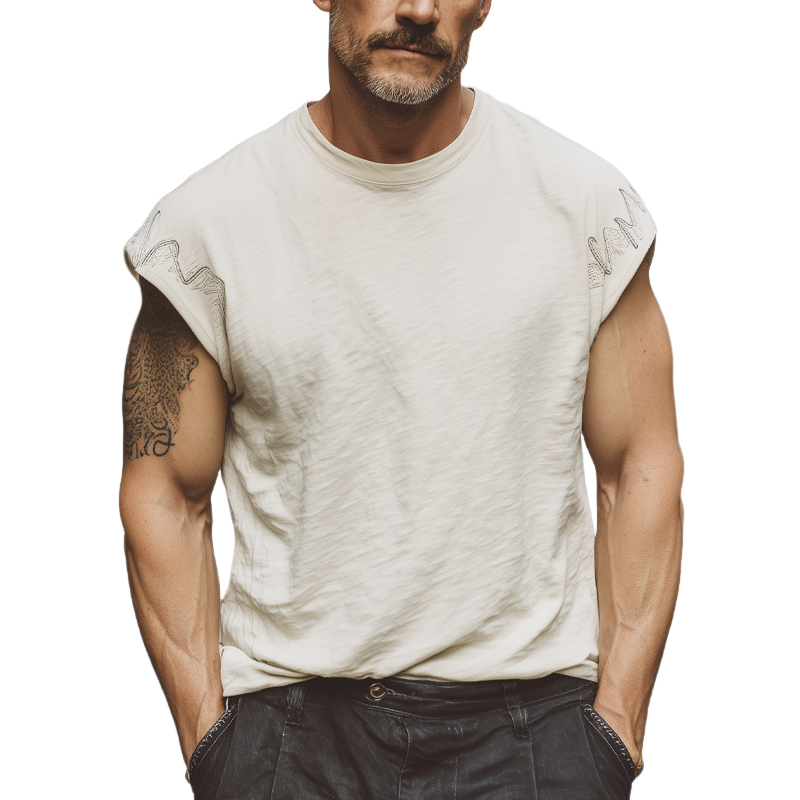 Men's Summer Slub Fabric Embroidered Round Neck Short Sleeve T-Shirt MTA1734G3U
