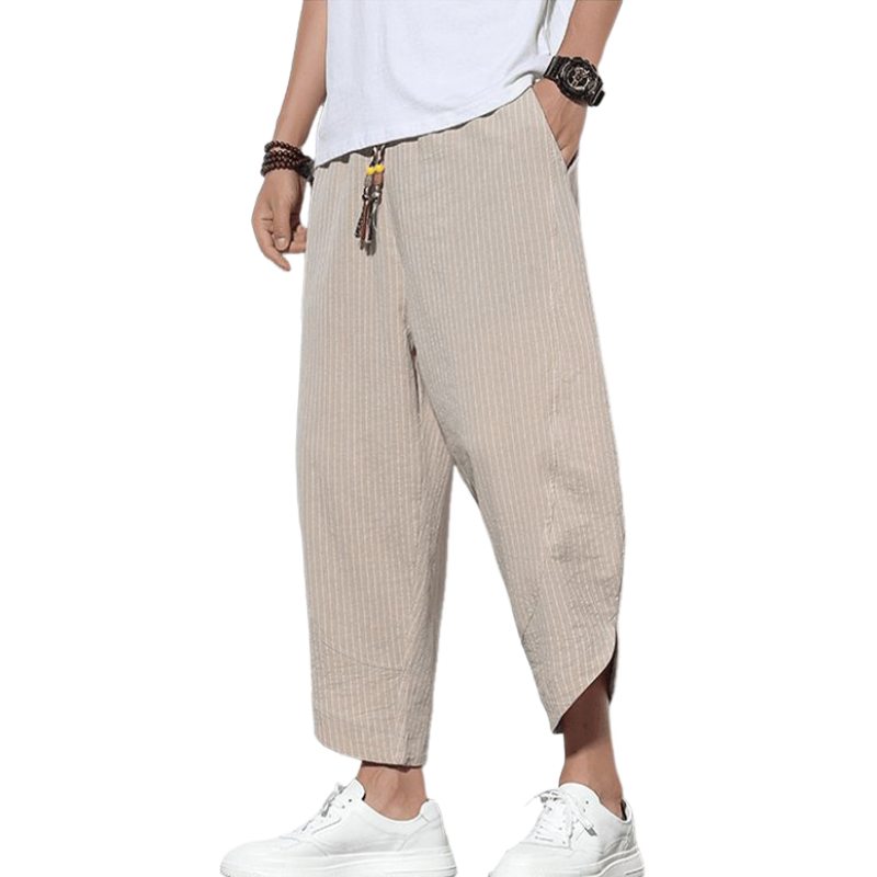 Men's Spring And Summer Casual Vertical Striped Cotton And Linen Trousers With Curved Elastic Waist And Loose Pants MTA1356F5K