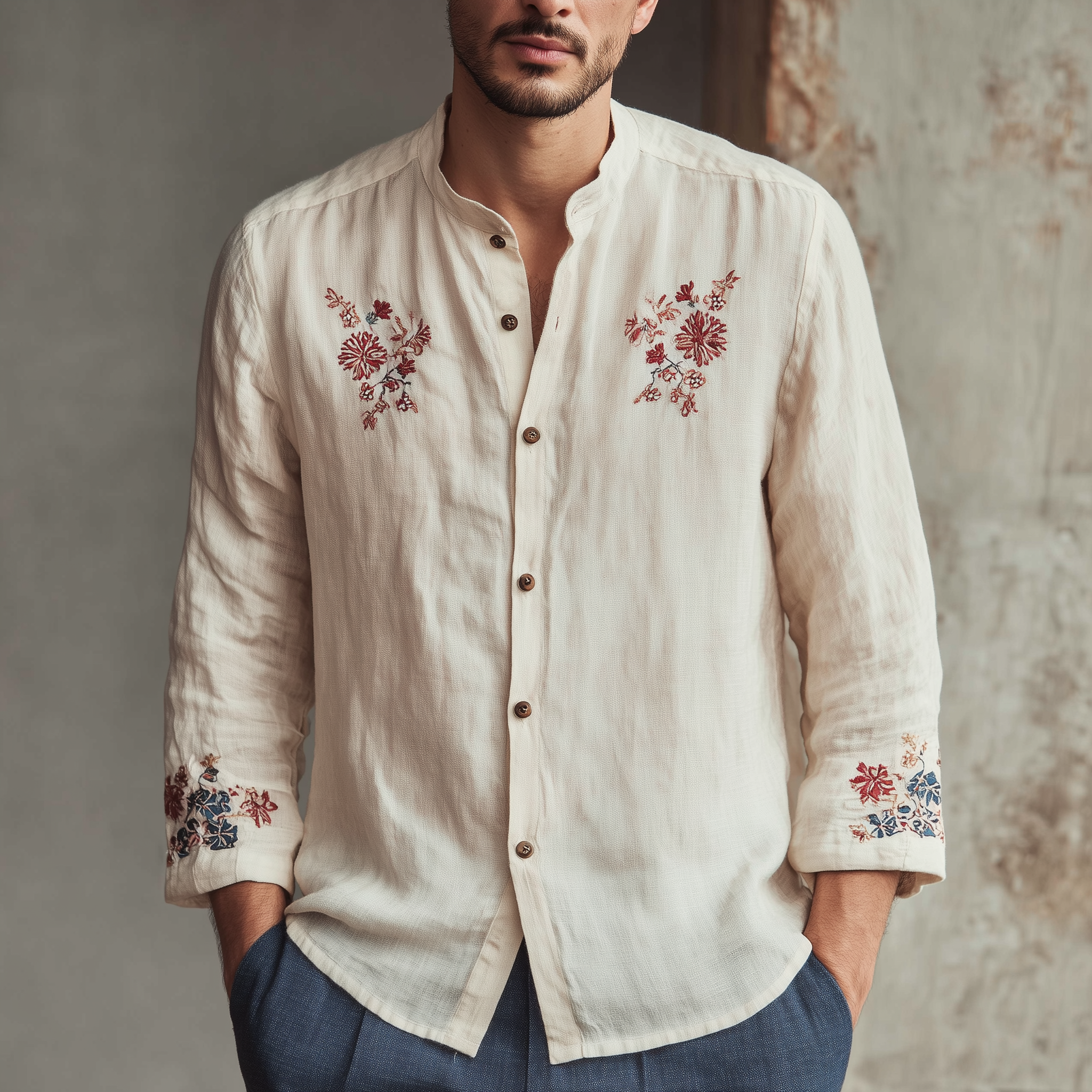 Men's Classic Casual Stand-up Collar Cotton Linen Cuffs And Chest Embroidery Loose Long Sleeve Shirt MTA2331G8K