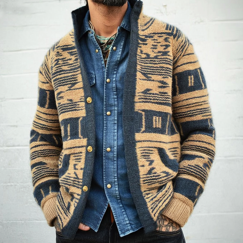 Men's Retro Stand Collar Colorblock Jacquard Knit Cardigan MTA0186I3U
