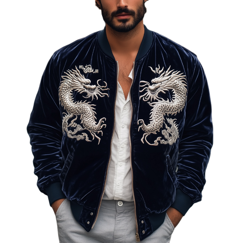 Men's Navy Vintage Dragon Embroidered Velvet Jacket 16983640U