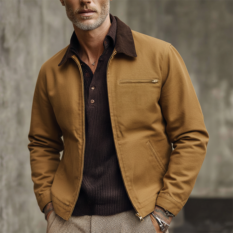 Men's Canvas Contrast Color Panel Workwear Zipper Multi-pocket Jacket MTA3025I4X