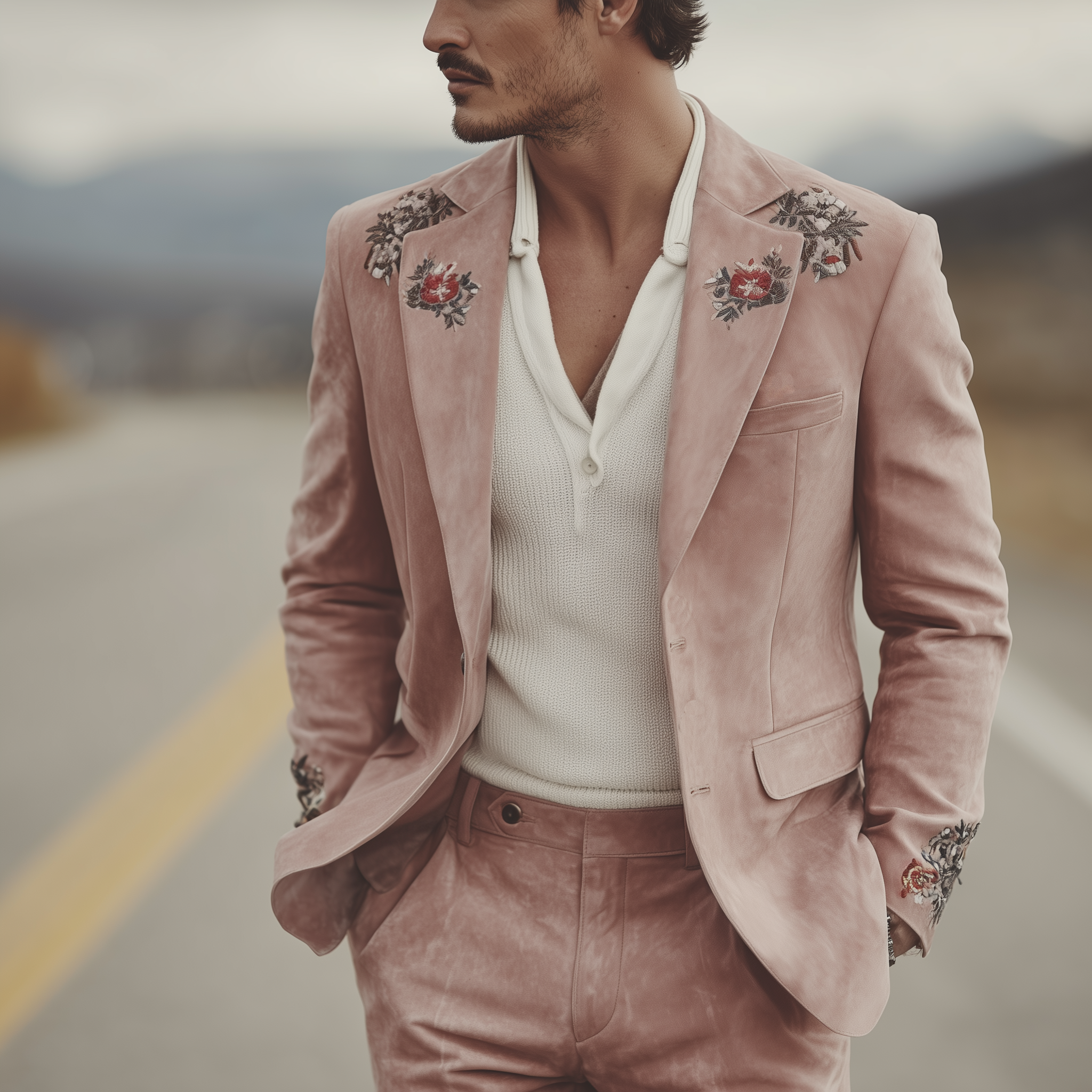 Men's Classic Vintage Embroidered Pink Suede Single-breasted Blazer MTA1547I8K