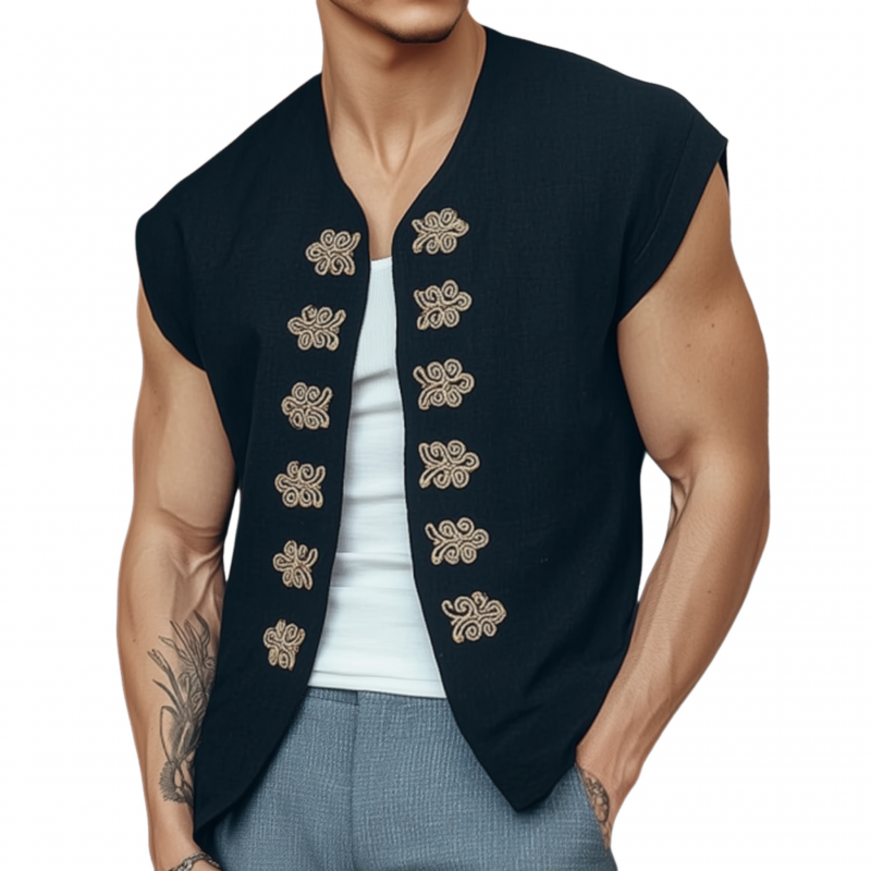 Men's Vintage Embroidered Cotton Blended Collarless Loose Short Sleeve Shirt Cardigan MTA2764F3M