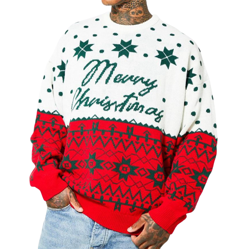 Men's Casual Christmas Contrast Jacquard Crew Neck Knit Sweater 45650789M