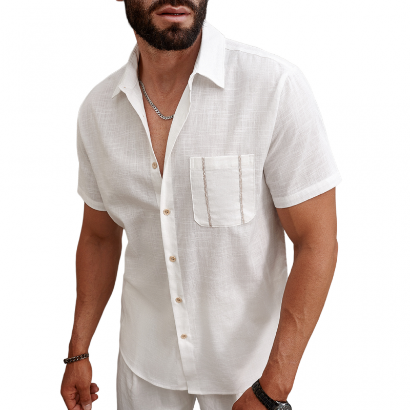 Men's Casual Breathable Linen Lapel Patch Pocket Slim Fit Short Sleeve Shirt MTA2677E4M
