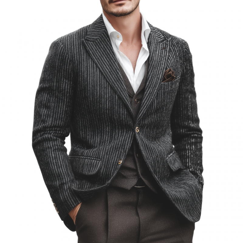 Men's Vintage Wool Blend Striped Peak Lapel Single-breasted Slim-fit Warm Blazer MTA1850H2M