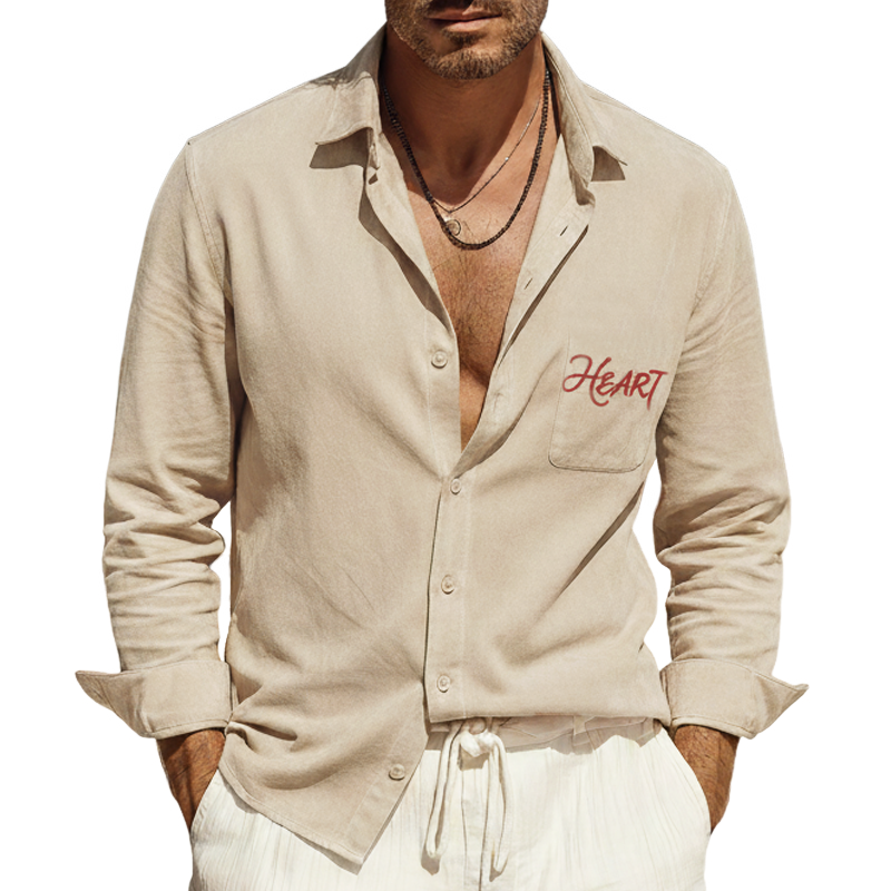 Men's Fashionable Faux Suede Heart Embroidered Long-Sleeved Shirt MTZ0281B6U