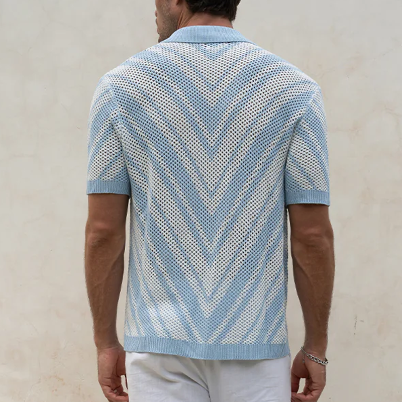 Men's Spring And Summer Fashion Retro Hollow Striped Knitted Short-sleeved Shirt MTA0473G8K
