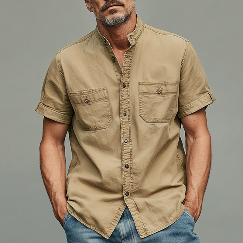 Men's Summer Casual Cotton Blended Washed Stand Collar Short Sleeve Shirt MTA0220G9K