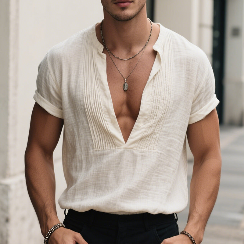 Men's Vintage Casual Cotton Solid Color Pleated V-Neck Short Sleeve Shirt MTA1840F0TO
