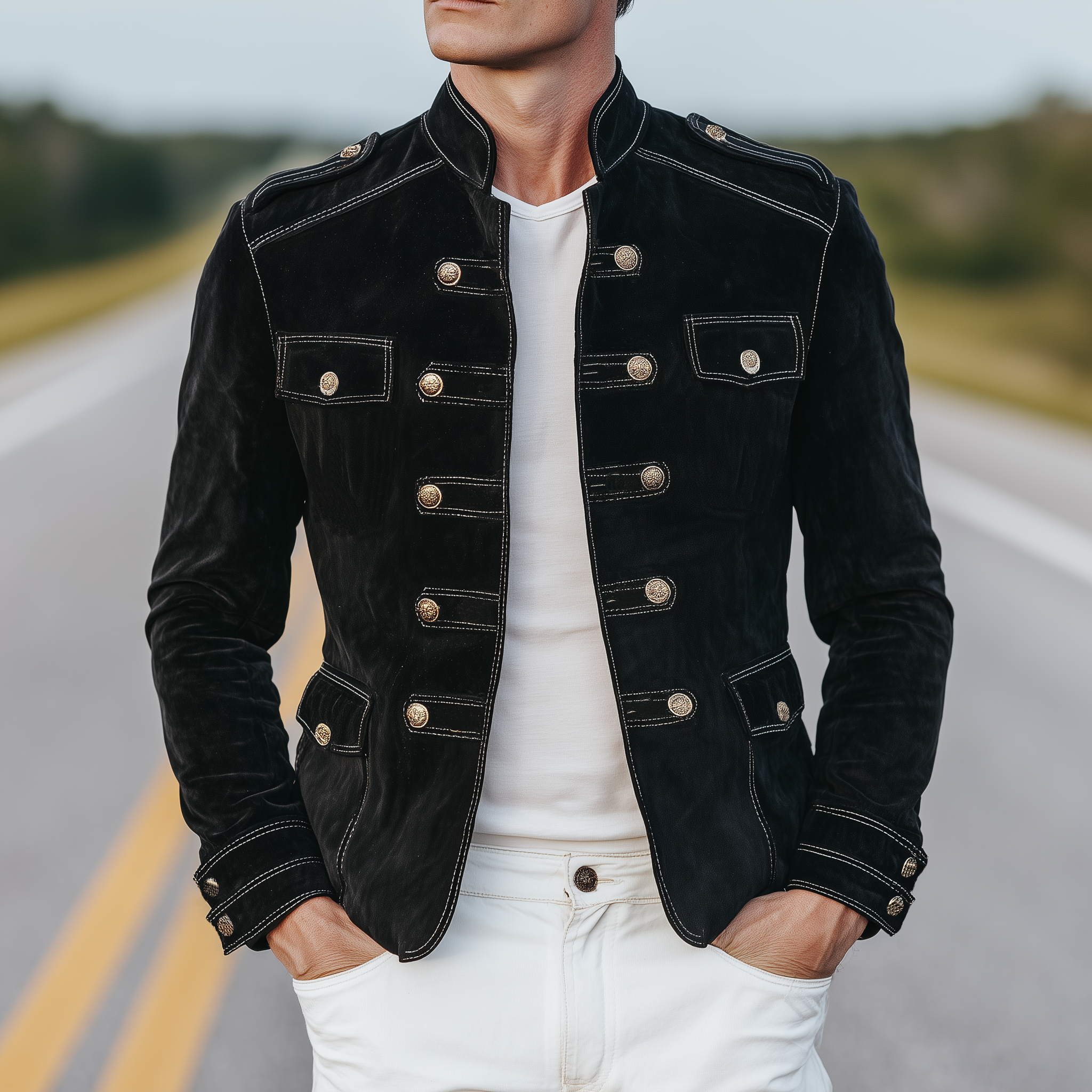Men's Classic Retro Stand Collar Double-breasted Multi-pocket Suede Jacket MTA3098H1K