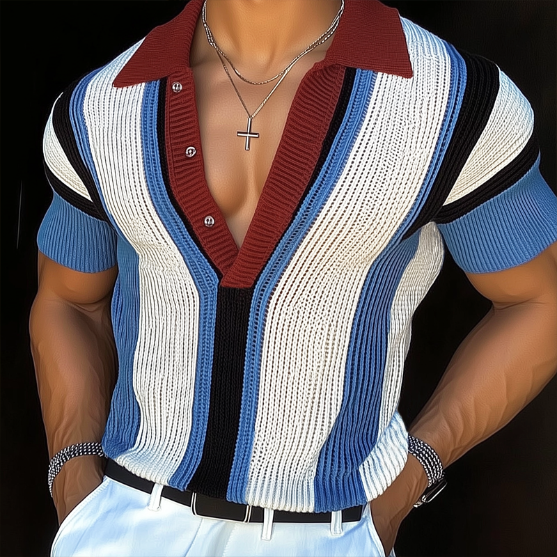 Men's Casual Color-blocked Vertical Striped Deep V-neck Knitted Short-sleeved T-shirt MTA3034F4U