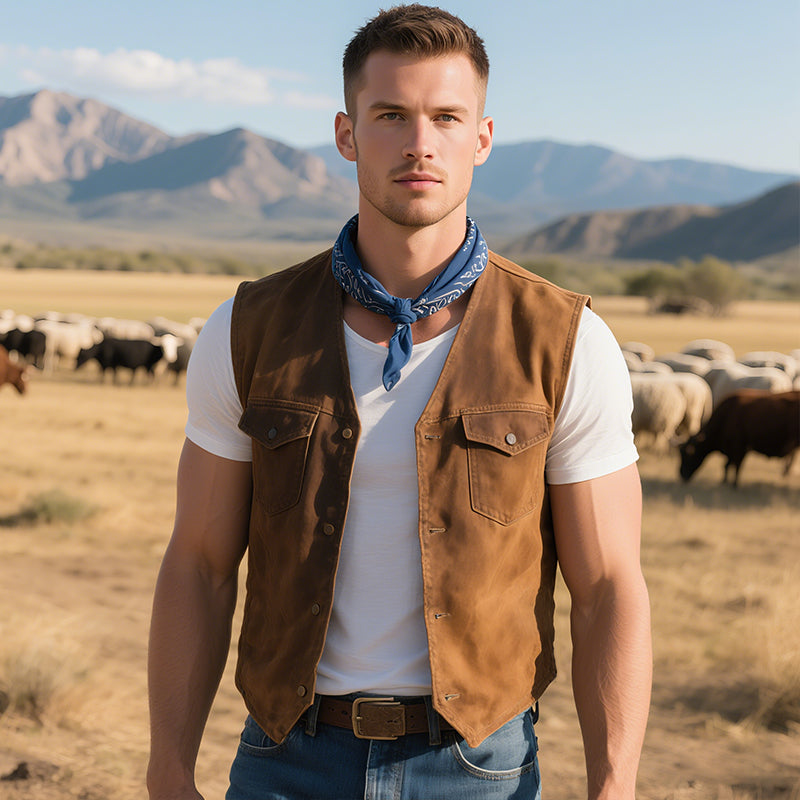 Men'S Vintage Casual Western Cowboy Style Cotton Single Breasted Vest MTA1039E6TO