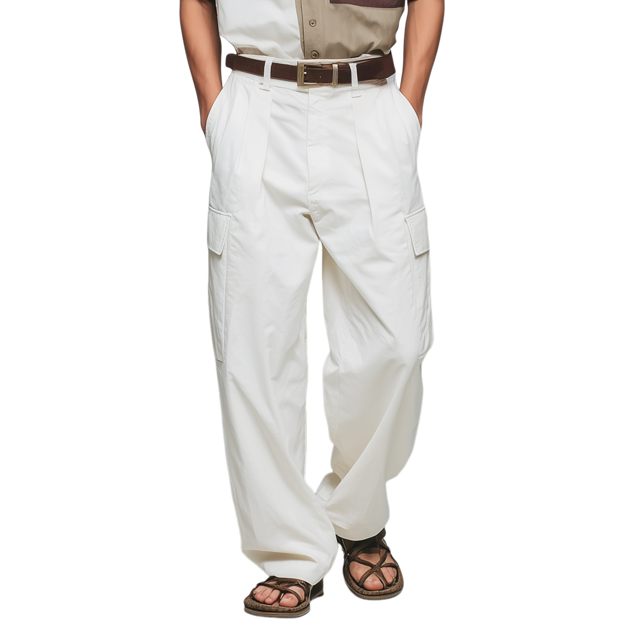 Men's Casual Solid Color Breathable Cotton Multi-Pocket Straight Cargo Pants (Belt Excluded) MTA0451G8M