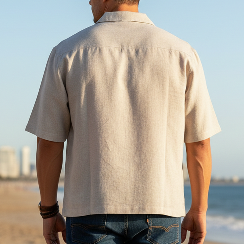 Men's Casual Loose Beige V-neck Cotton And Linen T-shirt MTZ1096B2U