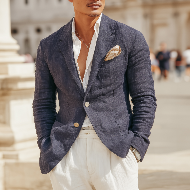 Men's Casual Solid Color Breathable Linen Notch Lapel Single-breasted Slim-fit Blazer MTA1748G7M