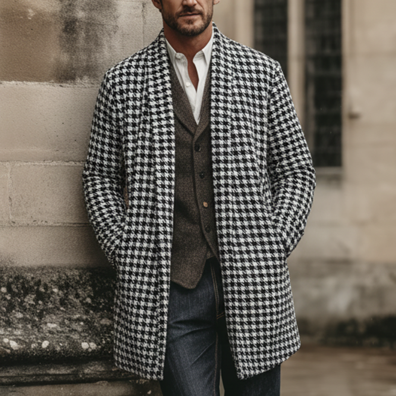 Men's Winter Fashion Houndstooth Cotton Knitted Mid-Length Cardigan MTA1633J9P