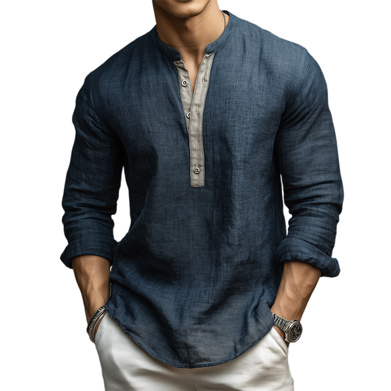 Men's Vintage Casual Cotton And Linen Henley Collar Long Sleeve Shirt MTA0697H8TO