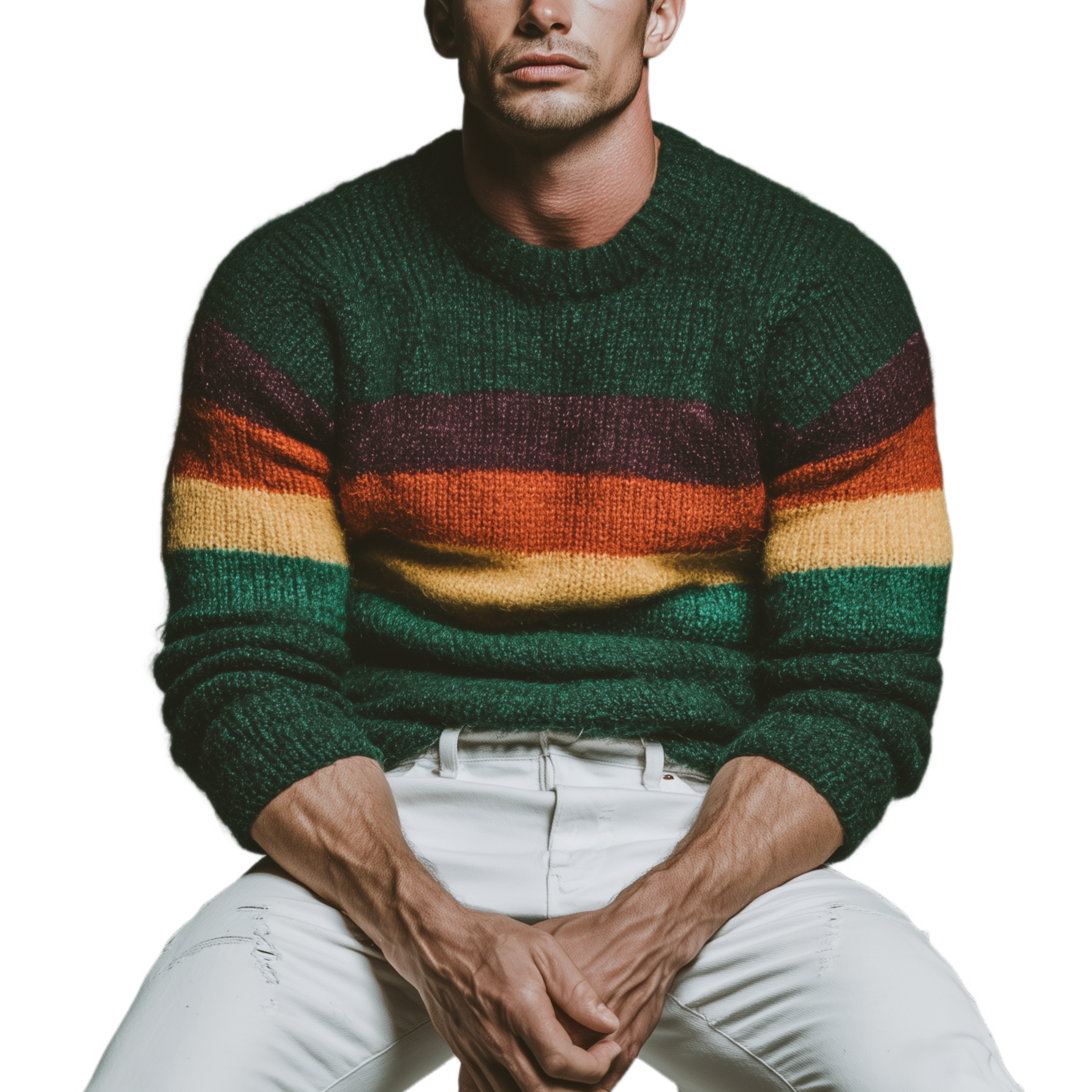 Men's Classic Casual Christmas Green Crew Neck Horizontal Striped Sweater MTA2961I7K