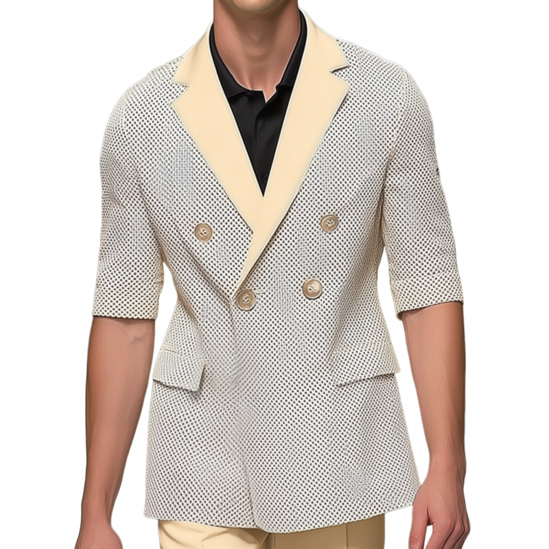 Men's Stylish Polka Dot Contrast Color Stitching Notch Lapel Double-breasted Slim-fit Blazer MTA2732F7M
