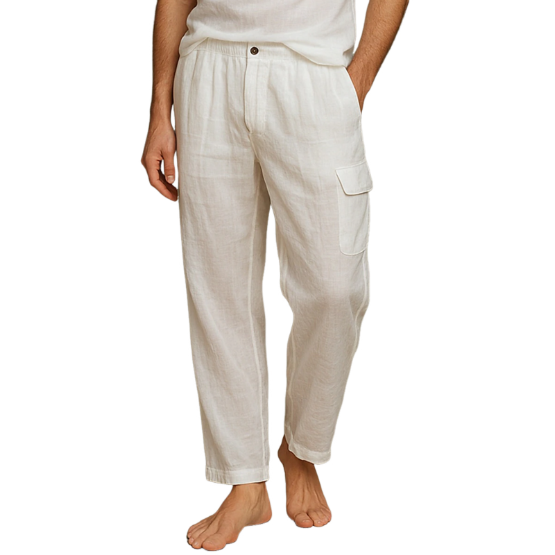 Men's Casual Breathable Cotton Linen Multi-Pocket Straight Vacation Pants MTA1432E0M