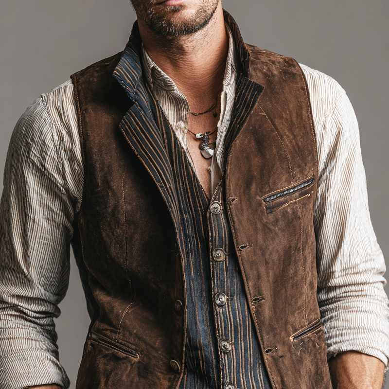 Men's Vintage Fake Two-piece Distressed Printed Faux Suede Single Breasted Vest MTA2169H2Z