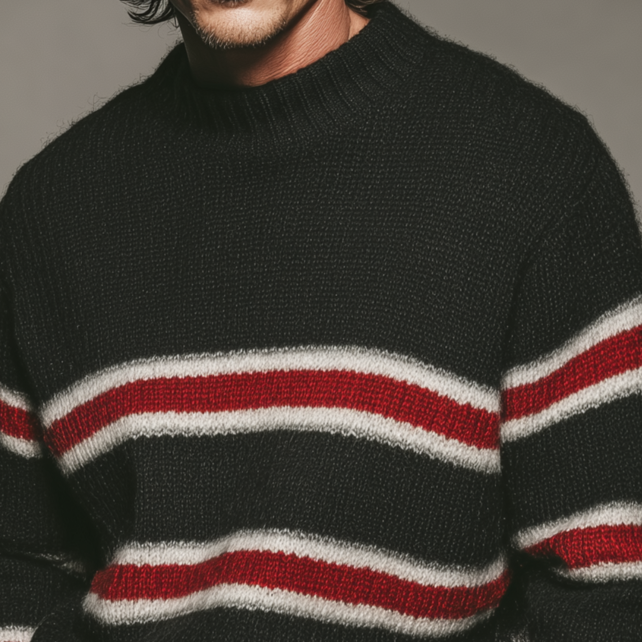Men's Classic Casual Crew Neck Contrast Stripe Sweater MTA1835I3K